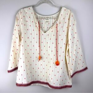 Hatley Women  3/4 Sleeve Blouse Sz M Cotton‎ Metallic Thread Tassels Boho